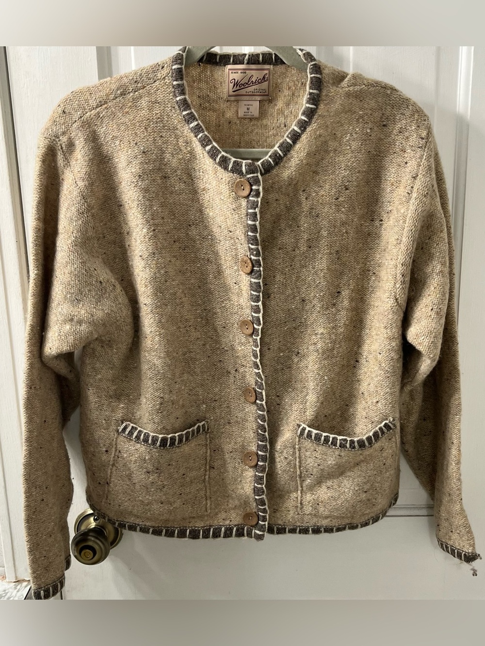 Vintage Woolrich Cottagecore Whipstitch Knit Cardigan Sweater Tan Cabincore Med